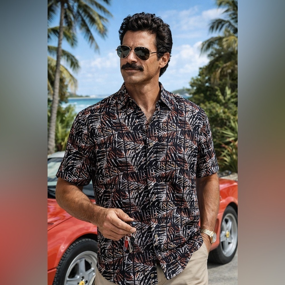 Tasso Elba Mens Sz XL Tropical Palm Leaf Print Shirt Brown Black Silk Hawaiian